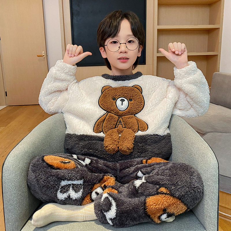 秋冬季长毛绒儿童睡衣男童可爱卡通加厚保暖珊瑚绒中小大童家居服