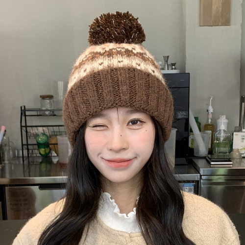 复古提花撞色针织毛线帽女2024新款加绒加厚保暖护耳骑车防风帽子