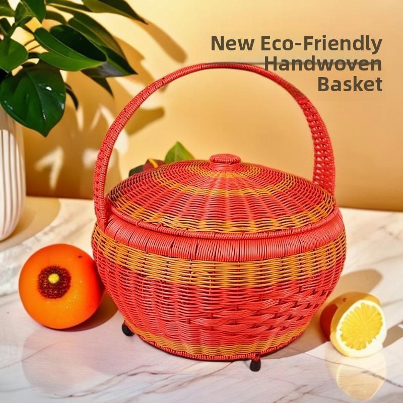 婚庆礼篮月子手工编织篮子手提带盖红色手提蓝藤编织筐拜神篮收纳