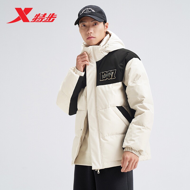 特步男保暖防风羽绒服短款图片