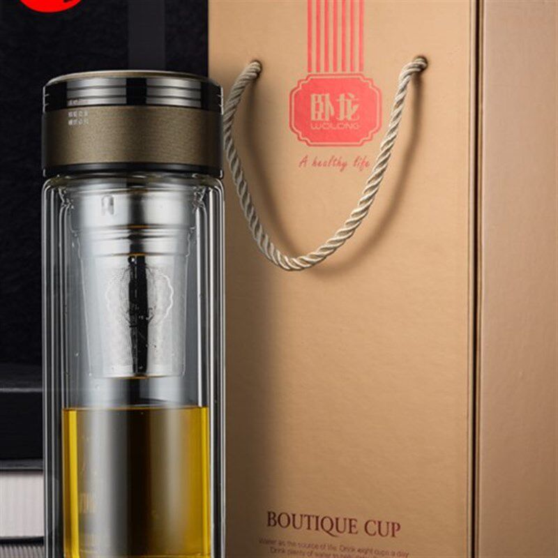 卧龙水杯双层玻璃杯男便携创意耐热办公杯泡茶杯透明杯子W印字235
