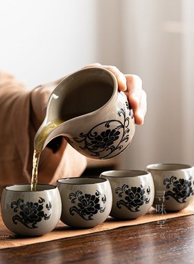 民窑雕花茶壶整套茶具复古磁州D窑青灰釉陶瓷功夫茶器礼盒套装