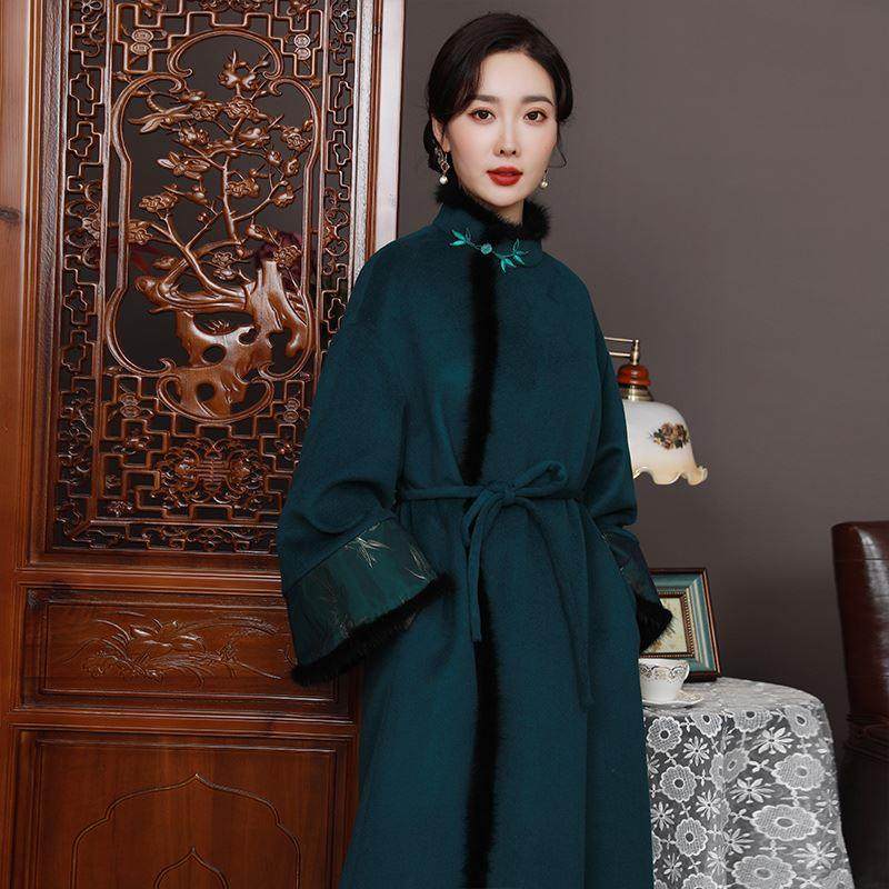 蝶恋芊羽旗袍外搭2023秋冬款复古长款羊毛呢大衣拼接毛呢外套女