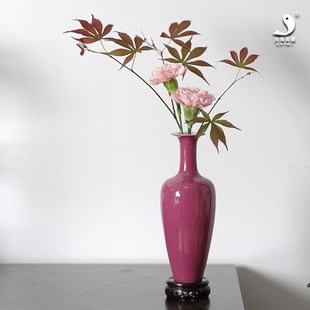陶瓷柳叶瓶 大鱼美器 茶道花瓶胭脂红茄皮紫纯手工插花器餐桌瓶花