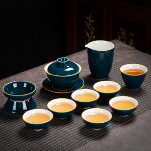 整套家用功夫简约陶茶杯泡茶壶套装 盖碗色釉陶瓷茶具套装 礼盒定制