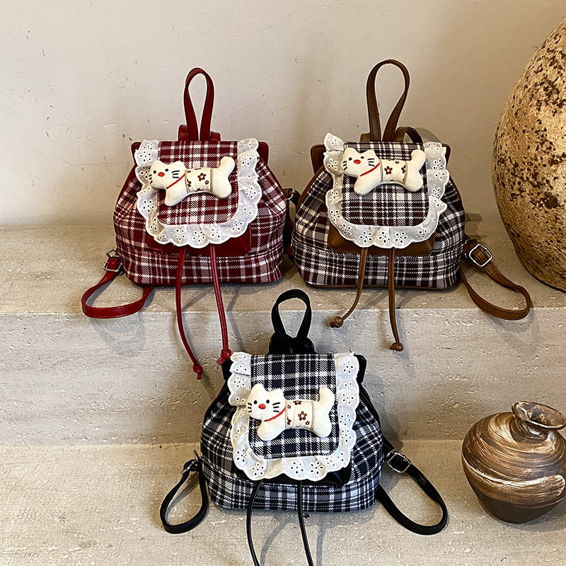 日韩小清新蕾丝格子双肩包迷你抽带卡通可爱小书包女孩公主出游包