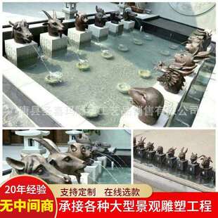 铸铜十二生肖兽首喷泉水景雕塑兽头人身像一套喷泉吐水雕塑摆件