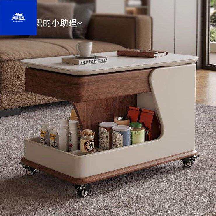 多功能实木茶几小户型沙发客厅阳台可移动边几升降实木岩板小推车