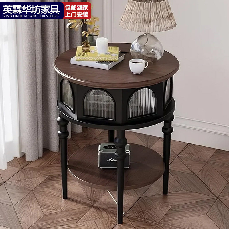 法式复古边几黑色实木轻奢茶几高脚靠墙沙发茶几储物柜卧室收纳柜