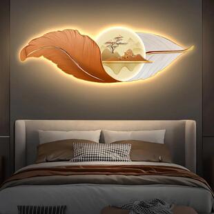 轻奢羽毛卧室床头挂画温馨主卧天鹅led灯画高级感现代客厅装饰画