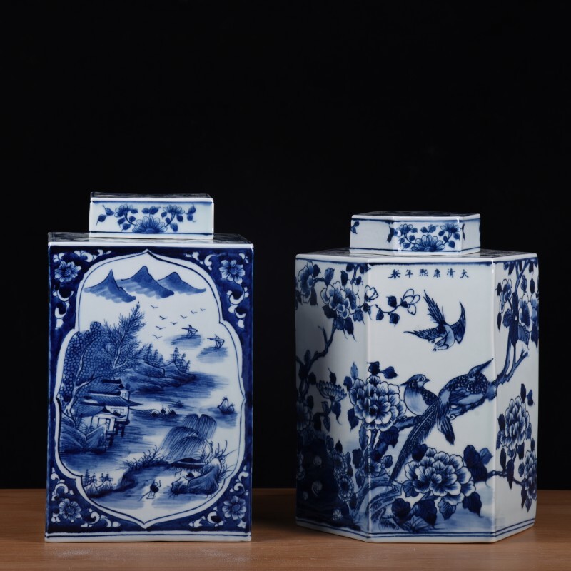手绘仿古陶瓷摆件青花瓷四方罐储物罐中式客厅书房博古架装饰插花