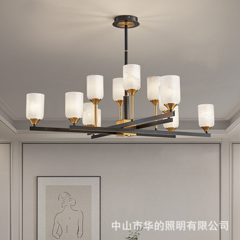 现代轻奢天然云石吊灯简约全铜客厅餐厅灯大气别墅卧室书房灯具