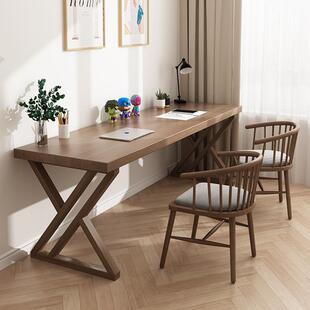 北欧全实木双人桌学习书桌书架组合电脑桌连体写字台靠墙靠墙省地