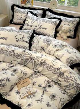 新款韩系黑白赫本风四件套黑色花边学生宿舍家用洛樱被床单四件套