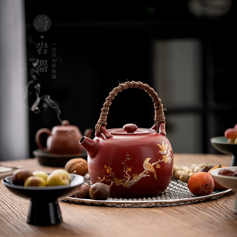 复古粗陶围炉煮茶红色茶壶