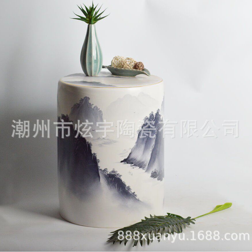 跨境手彩手绘古椅高温山水陶瓷凳新中式圆柱形陶瓷凳工艺摆件批发