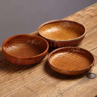 竹编大漆圆筐簸箕收纳篮复古果盘碟子点心篮干果收纳盘茶道茶托盘