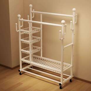 衣帽架家用卧室奶油风挂衣架落地立式加粗双杆晾衣架出租屋晒衣架