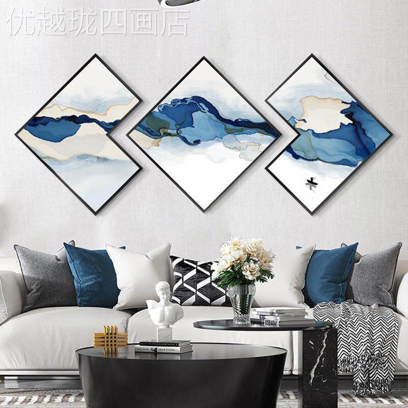 网红新中式厅装饰画背景墙沙墙简客约现代水墨发挂画山水多边形画