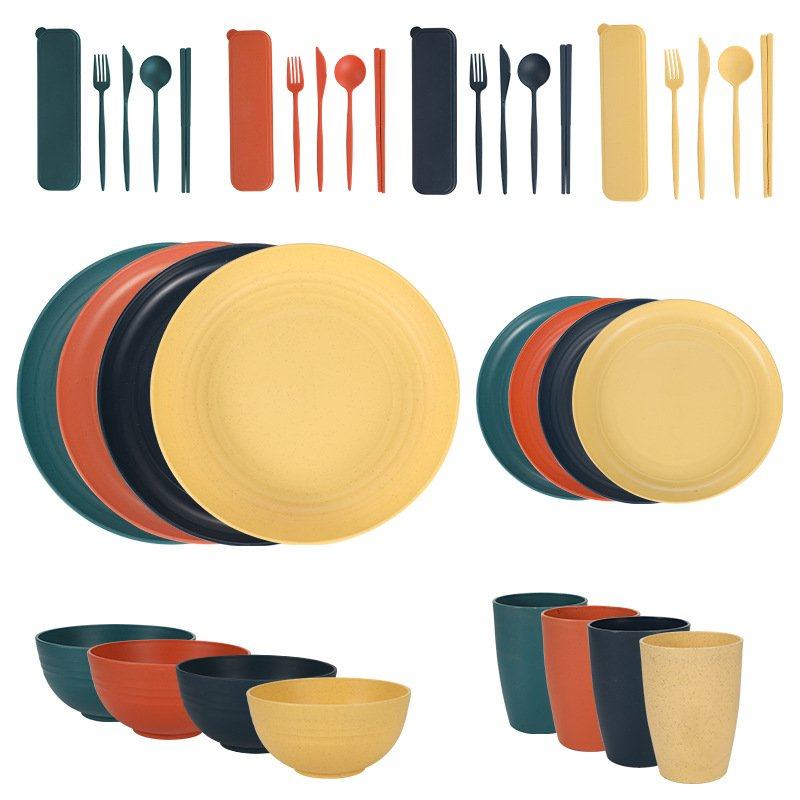 跨境亚马逊 小麦秸秆餐具盘碗杯碟刀叉勺筷4人份碗碟盘礼品套装,餐饮具,餐具瓷器套装,淘宝优惠券,粉丝福利购,淘宝优惠卷