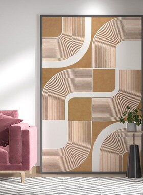 现代轻奢客厅玄关装饰画橙色抽象线条沙I发背景墙挂画艺术餐厅壁