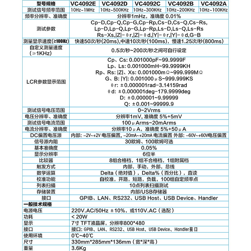 胜利LCR数字电桥测试仪VC4092A元器件电容电感电阻测量仪VCZ4092D