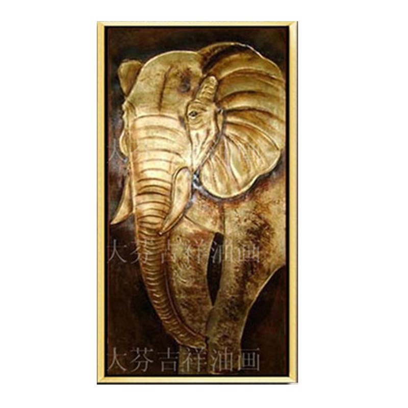 手绘油画东南亚风格装饰画贴金箔双联大象酒店走T廊别墅居家挂画图片