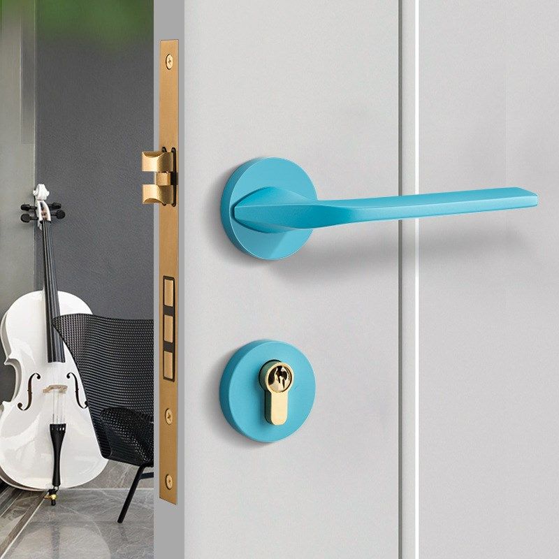 黄铜室内家用卧室静音p门锁 法式北欧彩色红色蓝色门锁 实木门把