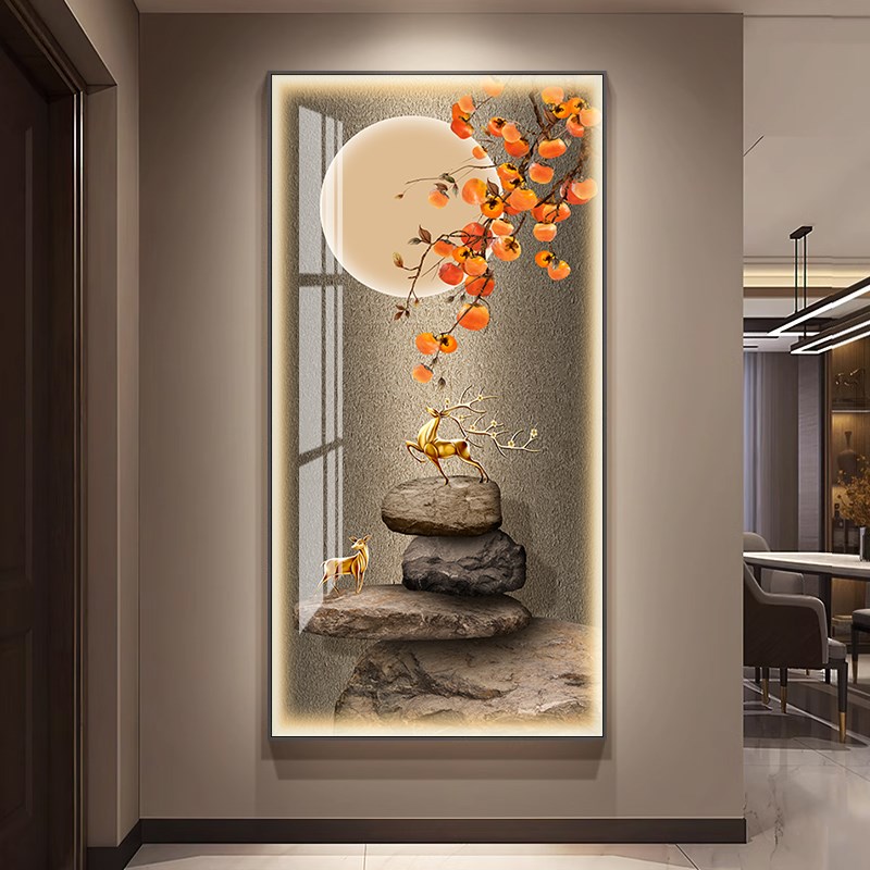 入户玄关装饰画iled灯光客厅走廊过道壁画带灯挂画柿柿如意轻奢竖