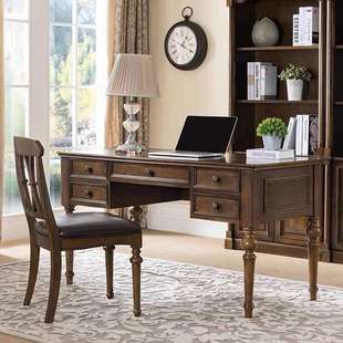 美式简约全实木书桌椅组合家用书房现代中古风电脑桌子书房写字台