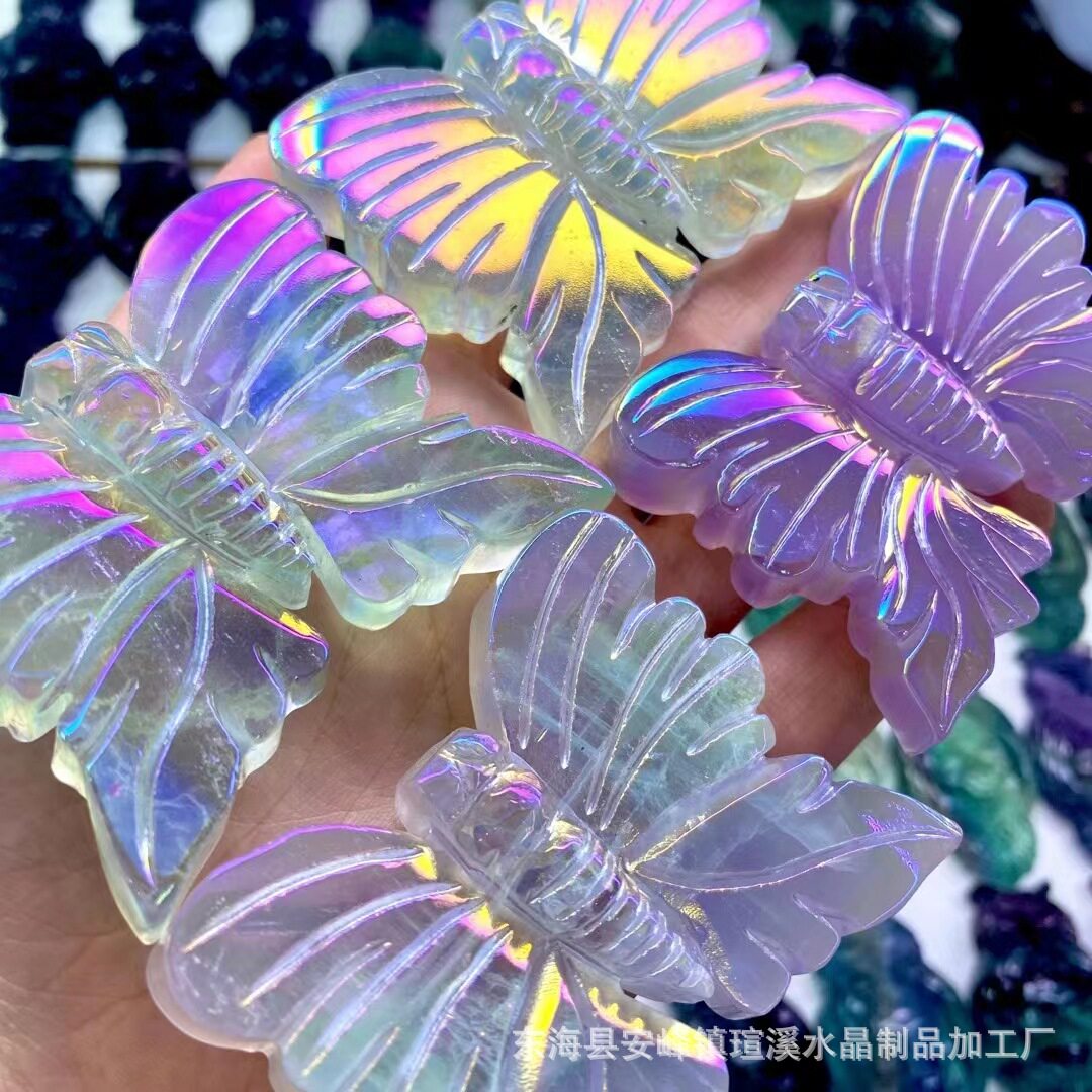 天然彩莹石电镀彩大蝴蝶雕刻件