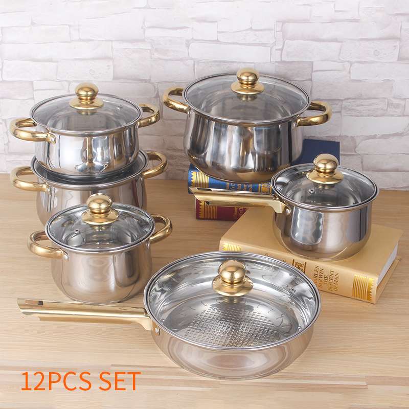 cookware set不锈钢10件套锅具厨房烹饪奶锅出口炖汤锅镀金手把