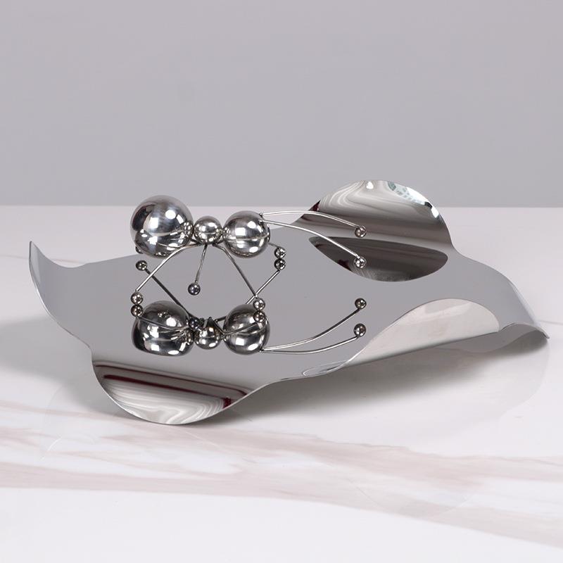 北欧简约不锈钢水果盘摆件家居软装饰品样板房间客厅异型收纳托盘