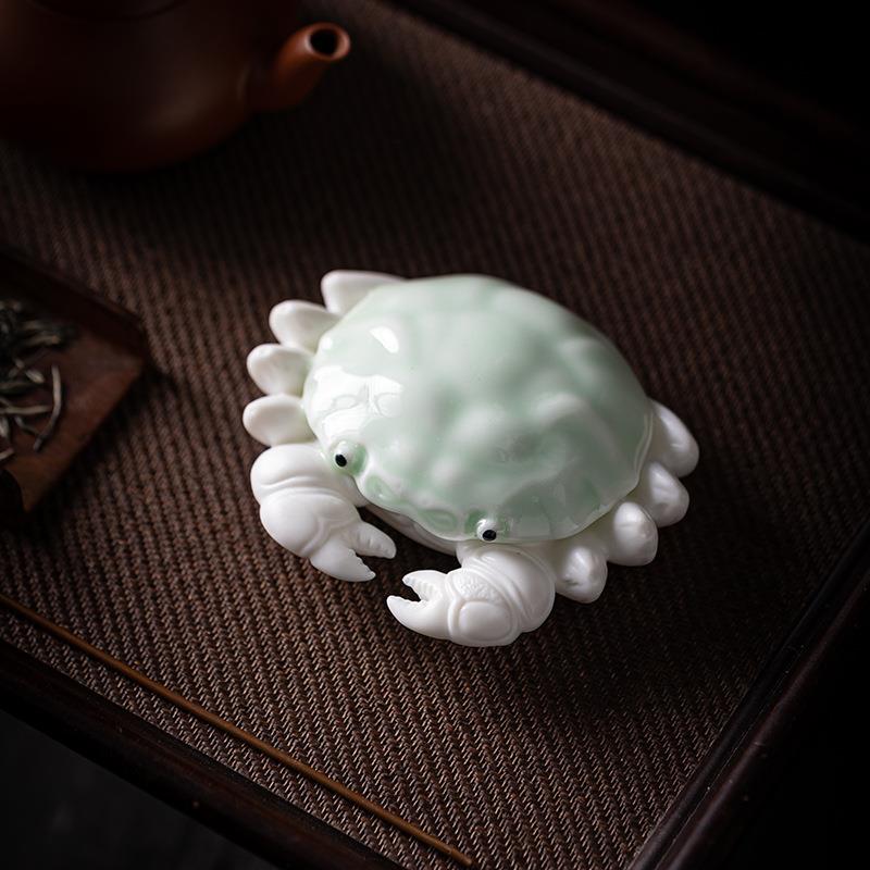 青瓷螃蟹茶宠摆件精品可养八方来财盖置盖托创意大闸蟹可爱小茶玩