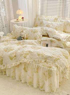 全夹棉床笠式床裙款四件套小清新田园公主风花边被套加厚四季通用