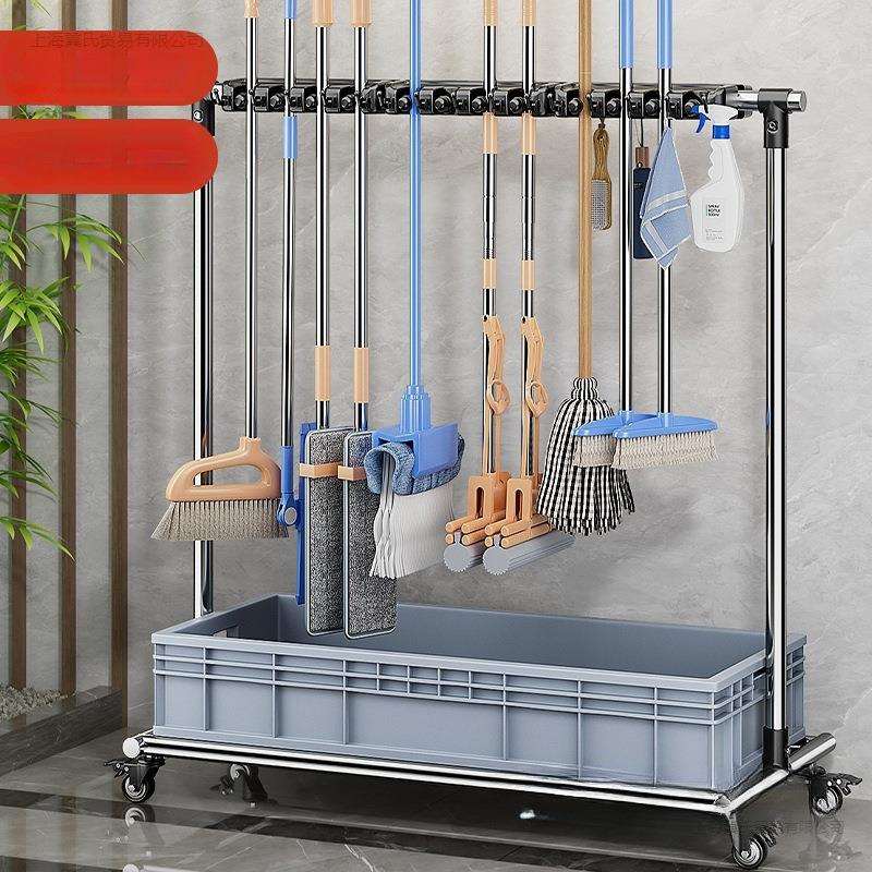 移动落地拖把架不锈钢置物架扫把拖布池教室清洁卫生工具收纳商用
