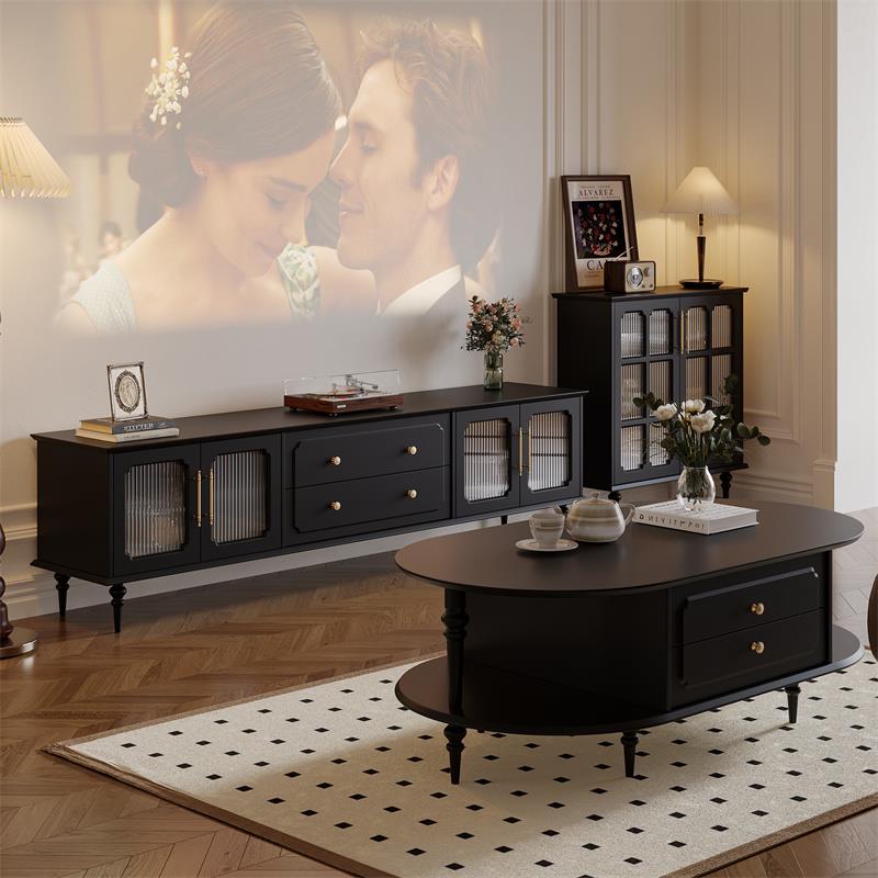 天台悦先美式复古电视柜茶几组合法式小户型家用客厅实木黑色电视