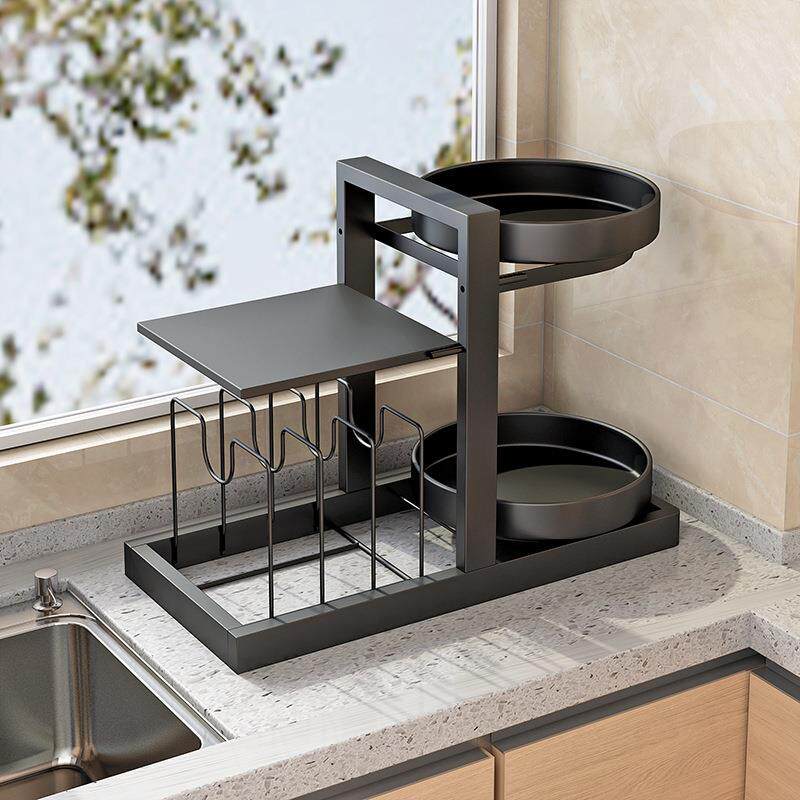 新款旋转调料架厨房置物架升降三层油盐酱醋台面多功能收纳架子