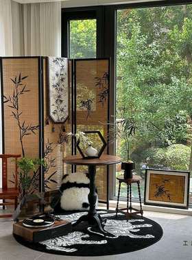 宋代美学新中式屏风竹子茶室隔断竹编客厅围挡国风竹影折叠实木