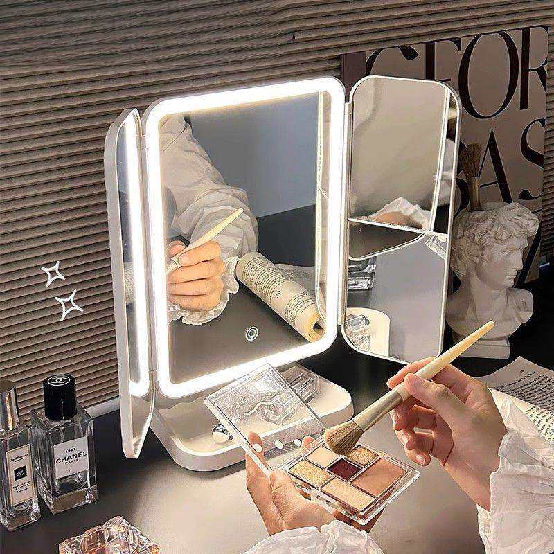 新款led双开门化妆镜带灯三面折叠家用台式女学生补妆美妆贝壳镜