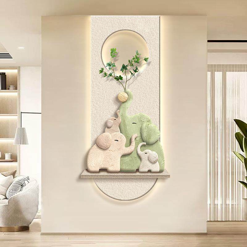 现代简约入户玄关装饰画绿植大象走廊过道墙挂画奶油风正对门壁画