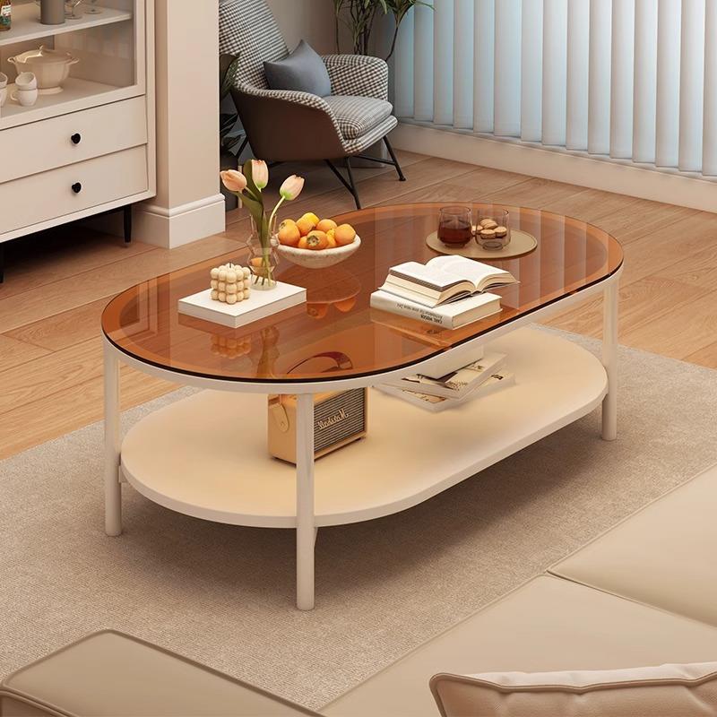简约现代奶油风网红椭圆形玻璃茶几客厅家用小户型创意北欧圆桌子