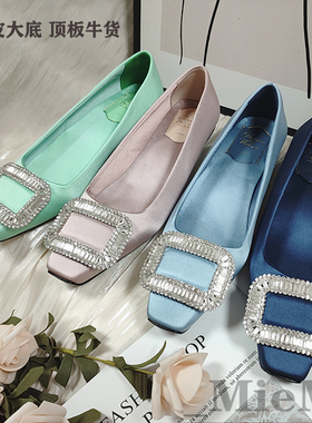 顶版RV24新款水钻方头单鞋真丝高跟鞋绸缎面百搭名媛日常伴娘鞋