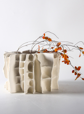 北欧简约现代素雅陶瓷百褶网格花瓶D摆件样板间酒店售楼部玄关装