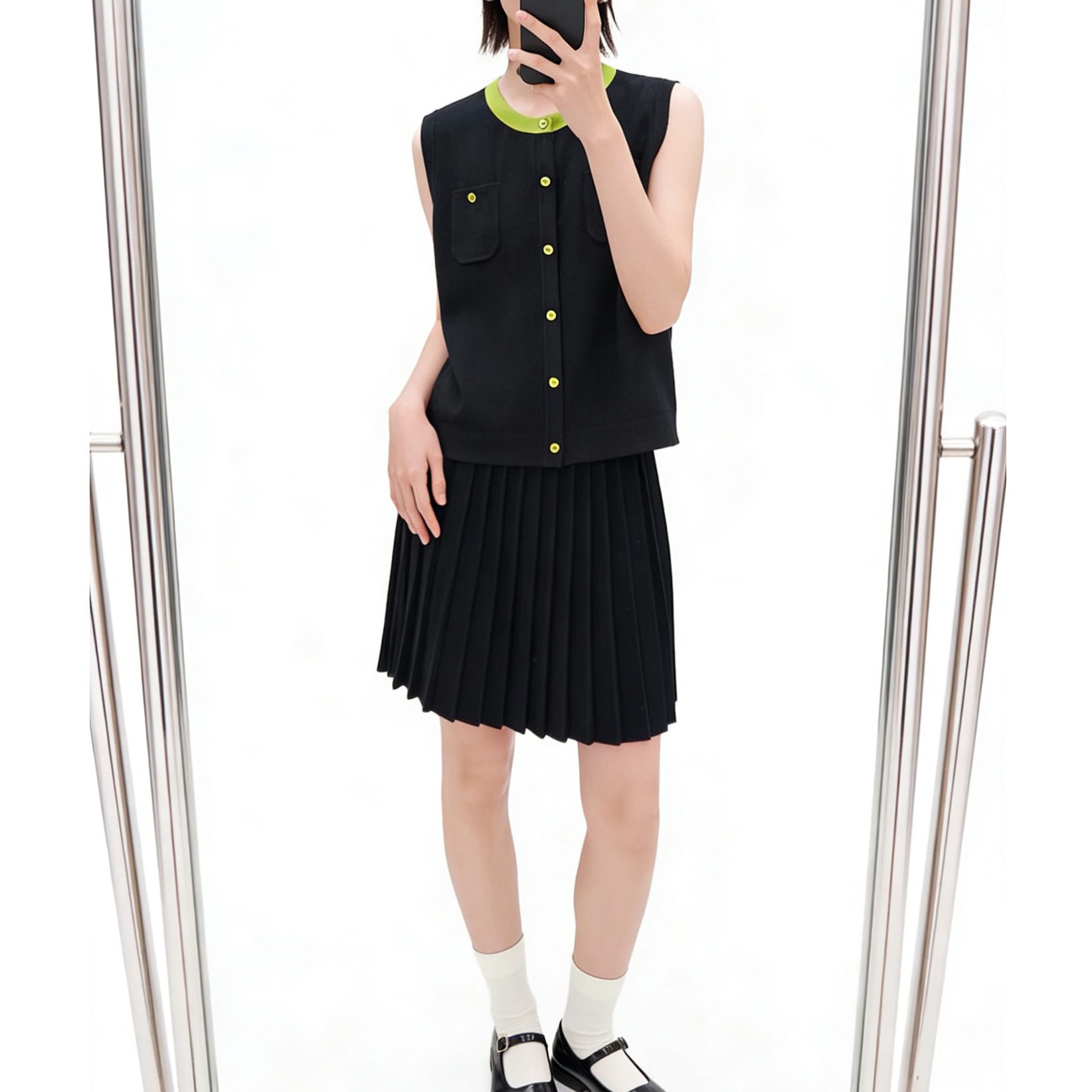 现货 SW学院风撞色针织马甲背心百褶半裙套装夏季减龄两件套女