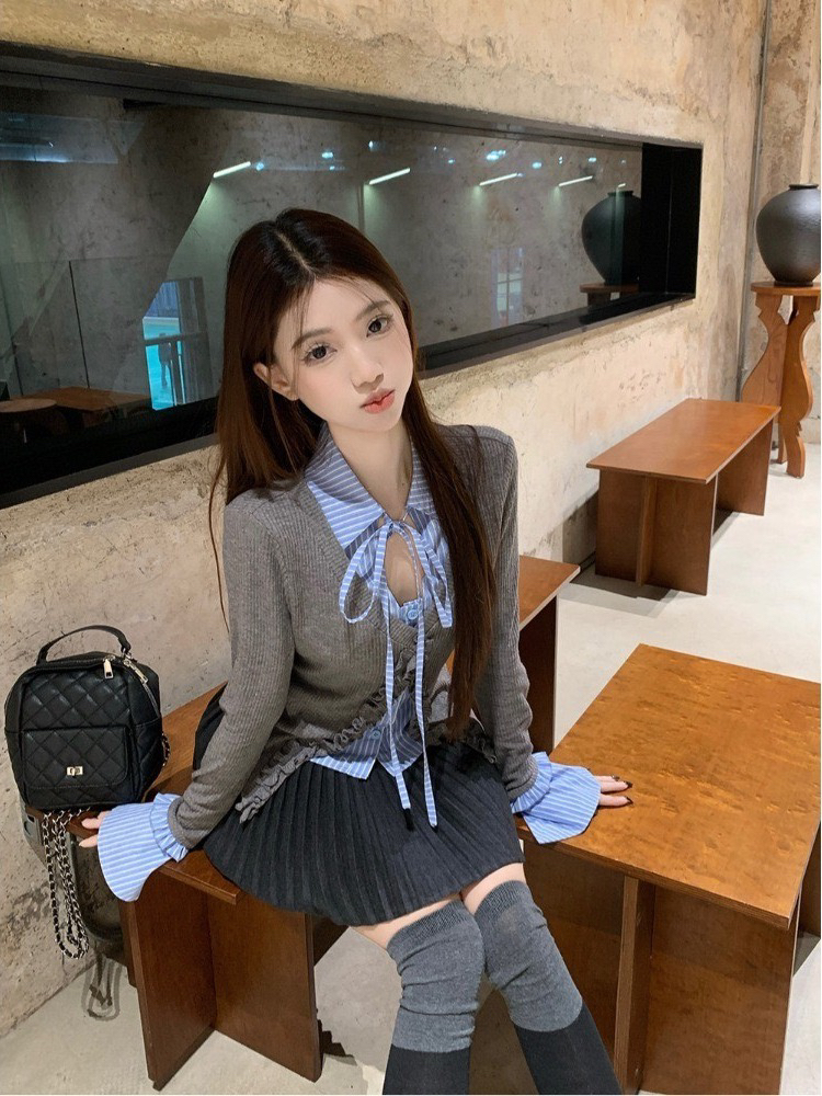 木耳边格子拼接系带长袖针织衫女2025春季新款假两件纯欲显瘦开衫