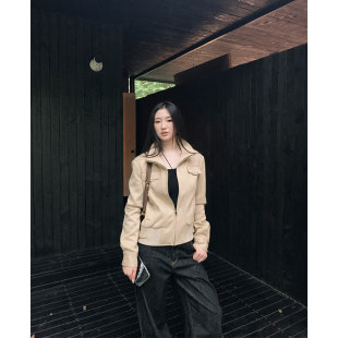 aassss春季新款美式覆古麂皮绒短款机车夹克外套女士韩系休闲 上