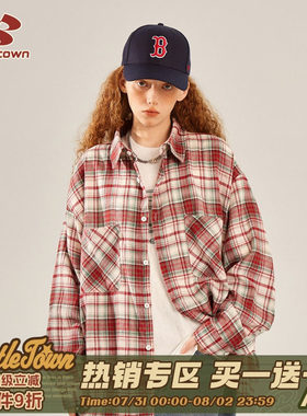 BEETLE TOWN美式覆古格子长袖衬衫女春季磨毛衬衫宽松上衣外套潮