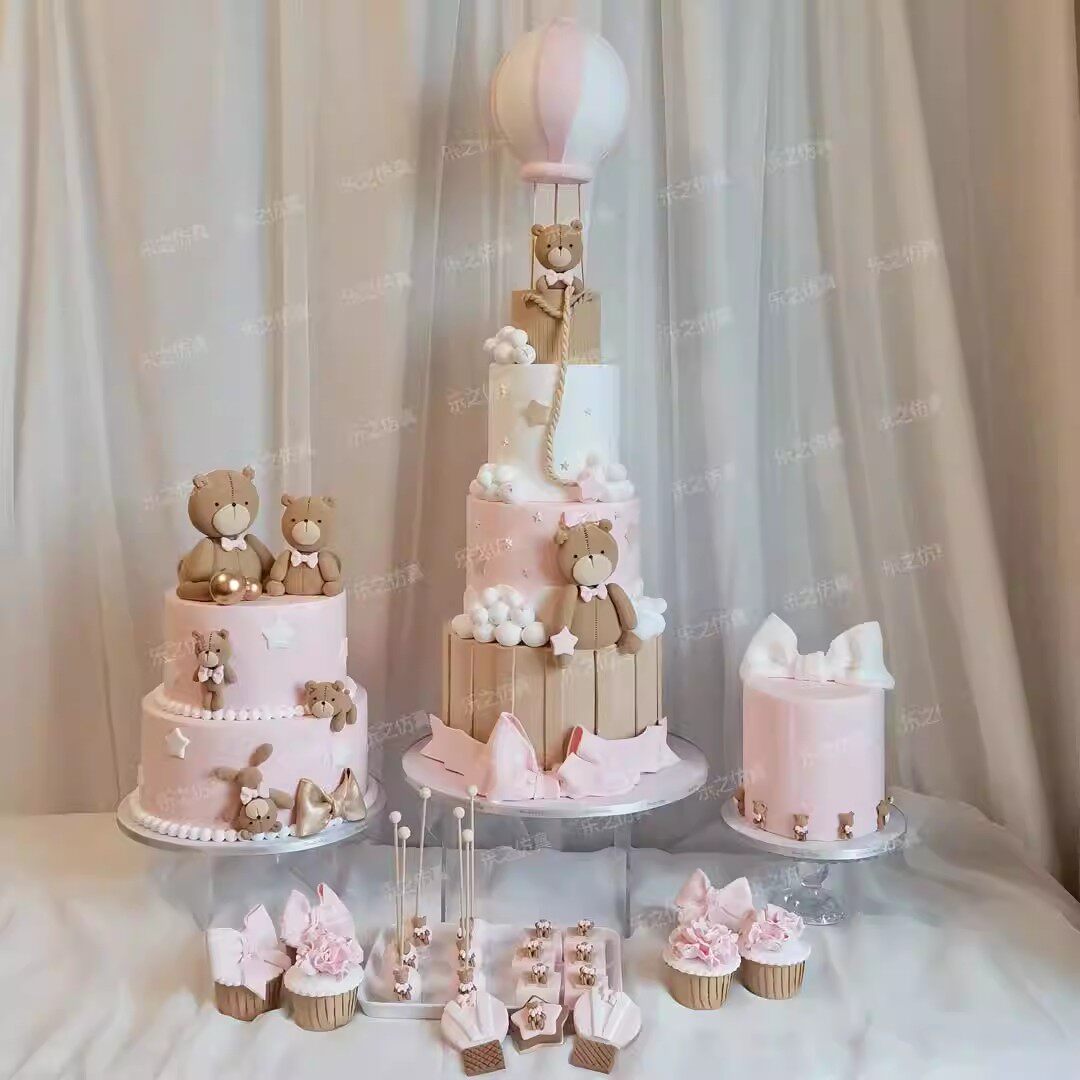 热气球趴趴熊粉色翻糖蝴蝶结少女心周岁生日宴情景布置假蛋糕模型