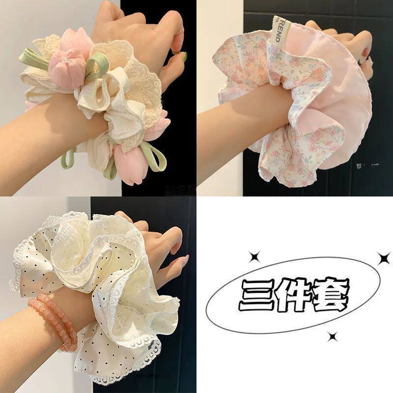 韩系重工蕾丝郁金香蝴蝶结大肠发圈女生超大丸子头高级发绳